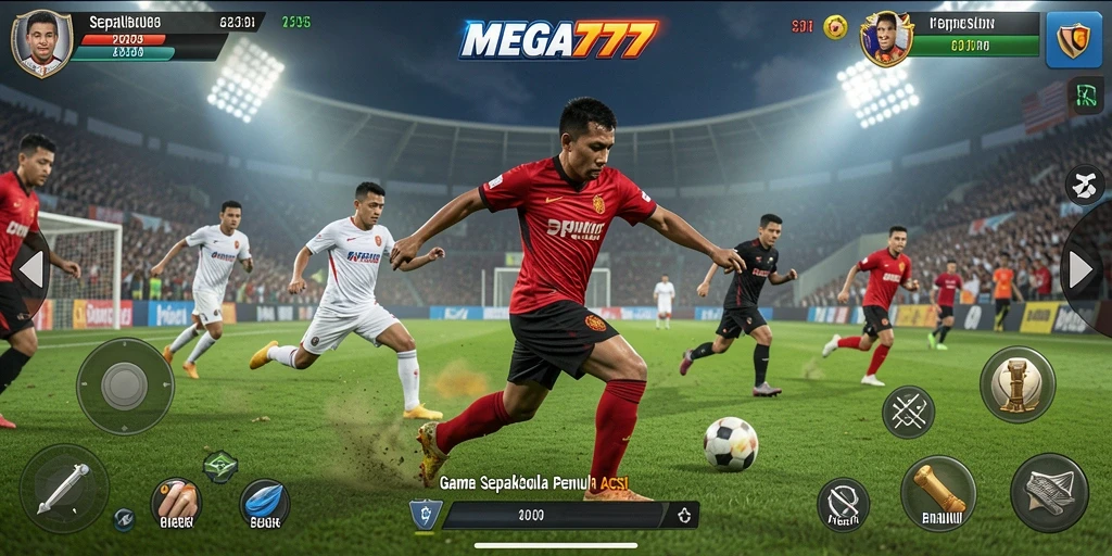 Screenshot gameplay <strong>MEGA777</strong> menampilkan aksi pertandingan sepakbola yang mendebarkan.
