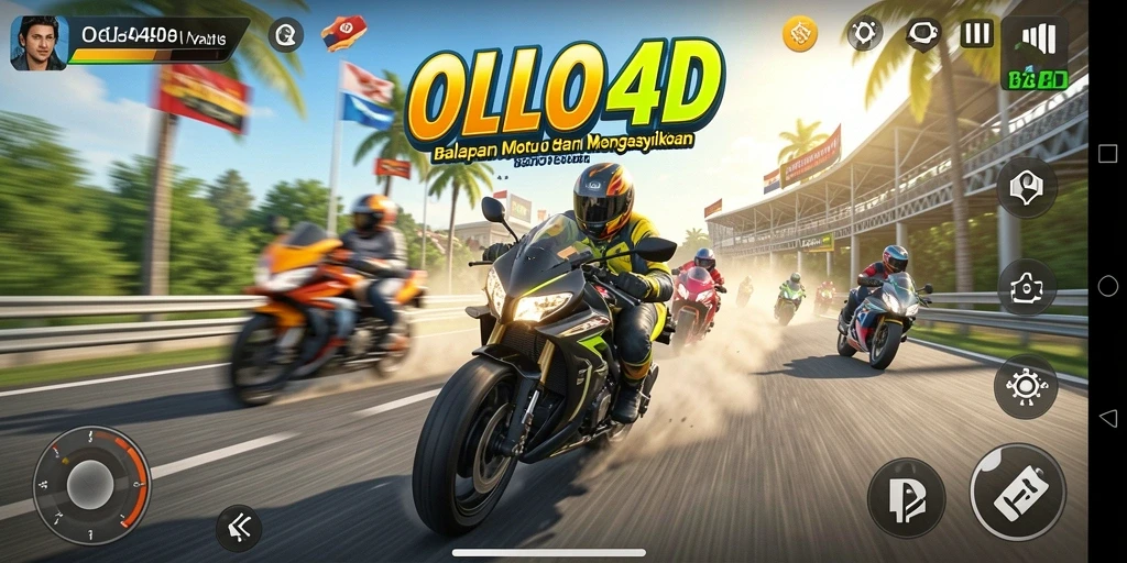 Screenshot gameplay OLLO4D menampilkan aksi balapan motor yang intens.
